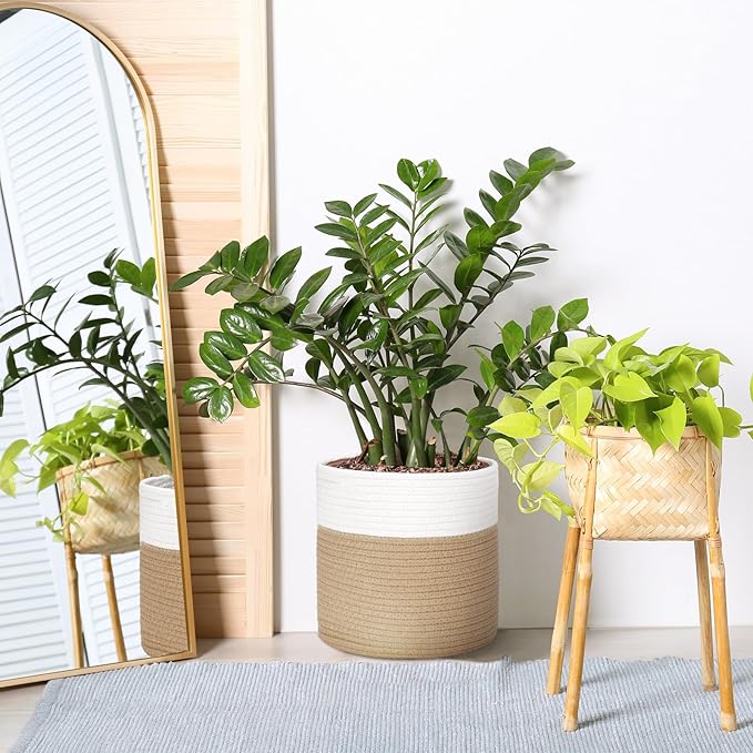Plant Basket with Stand Indoor Planter Pot Holder Sturdy Jute Rope Modern Woven Basket, Cotton Rope Woven Pot with Bamboo Stand(White and Yellow,10 Inch)