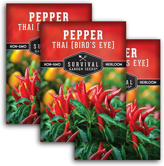 Thai Chili Pepper Seeds for Planting | Bird’s Eye Hot Peppers – Heirloom Non-GMO Hot Chilis for Spicy Cooking & Container Gardens – Survival Garden Seeds (3 Packs)