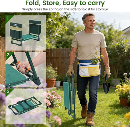 Garden Kneeler and Seat, Heavy Duty 2 in 1 Gardening Stool with 2 Tool Side Bags, Foldable Gardening Bench to Relieve Knee & Back Pain, Garden Chair Gifts for Women, Seniors
