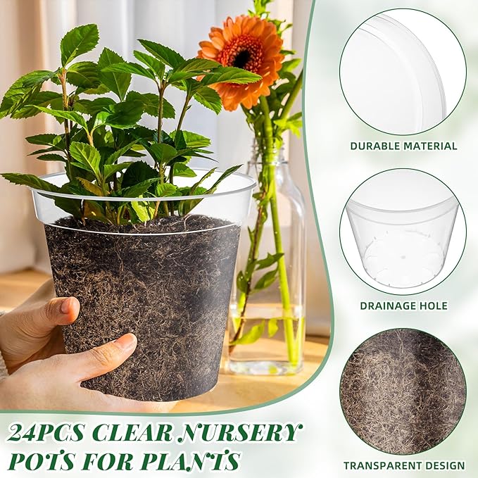 Maxcheck 24 Pcs Thick Clear Nursery Pots for Plants Transparent Plastic Garden Pots with Holes for Seedling Variety Plants Growing in Garden Home (4+6+8 Inch)
