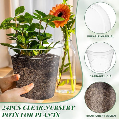 Maxcheck 24 Pcs Thick Clear Nursery Pots for Plants Transparent Plastic Garden Pots with Holes for Seedling Variety Plants Growing in Garden Home (4+6+8 Inch)