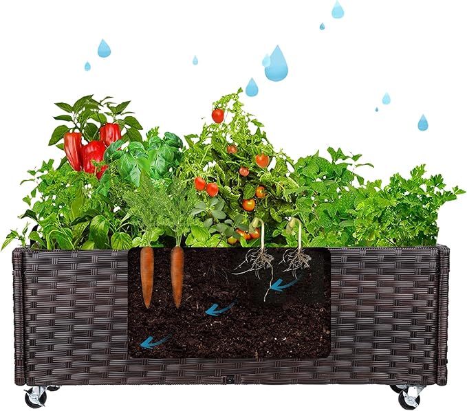Raised Garden Bed - Garden Planters Box with Wheels, Rattan Patio Raised Beds for Gardening, Indoor Outdoor Planters 3.1FT Save Space…