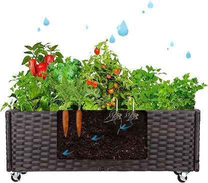 Raised Garden Bed - Garden Planters Box with Wheels, Rattan Patio Raised Beds for Gardening, Indoor Outdoor Planters 3.1FT Save Space…