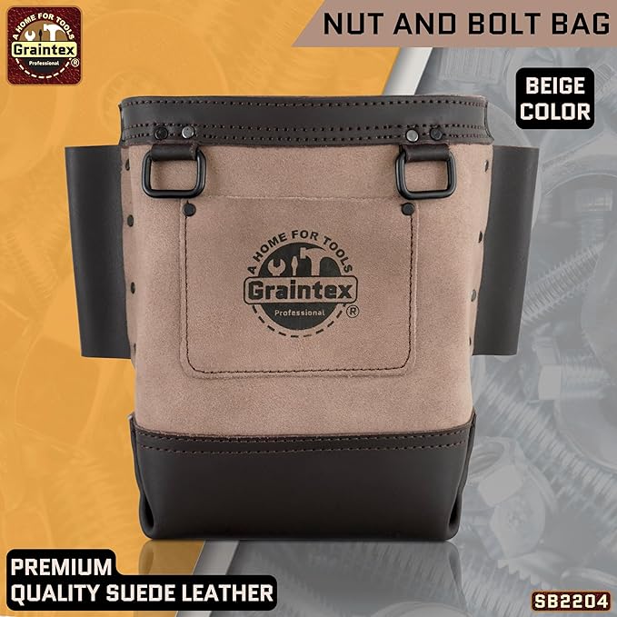 Graintex Nut & Bolt Bag, Beige Color Premium Quality Suede Leather Tool Bag, Tool Belt for Ironworker Tools, Bull Pin Loops, Ideal for Heavy-Duty Use, Bolt Bags for Construction Professionals - SB2204