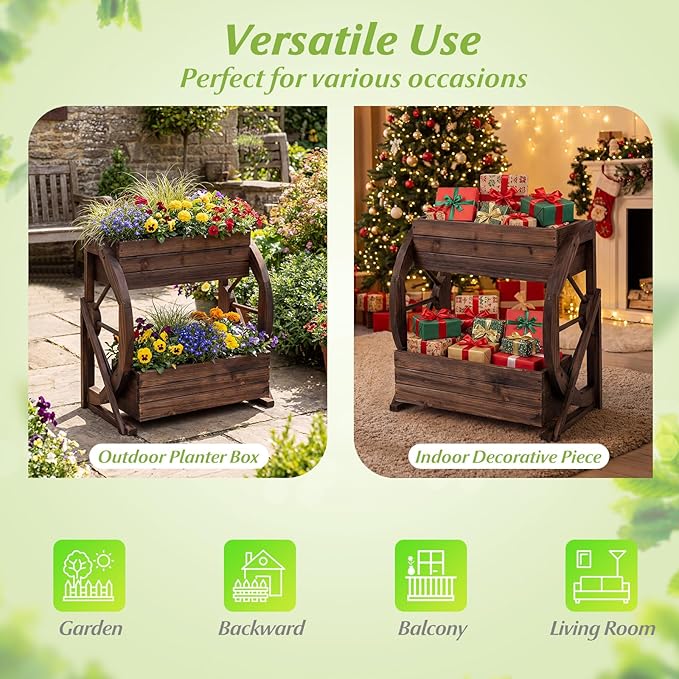 Giantex Wooden Wagon Planter Box, 2-Tier Garden Planter with Drainage Holes for Flowers Herbs Vegetables, Indoor Outdoor Decorative Planter Container for Patio Garden Balcony (1)