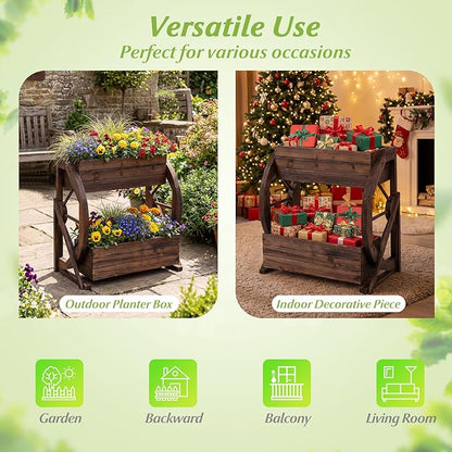 Giantex Wooden Wagon Planter Box, 2-Tier Garden Planter with Drainage Holes for Flowers Herbs Vegetables, Indoor Outdoor Decorative Planter Container for Patio Garden Balcony (1)