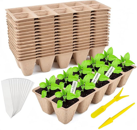 240 Cells Seed Starter Tray 24 Packs Biodegradable Peat Pots Germination Trays Organic Seed Starting Trays kit with 24 Labels 2 Transplant Tools