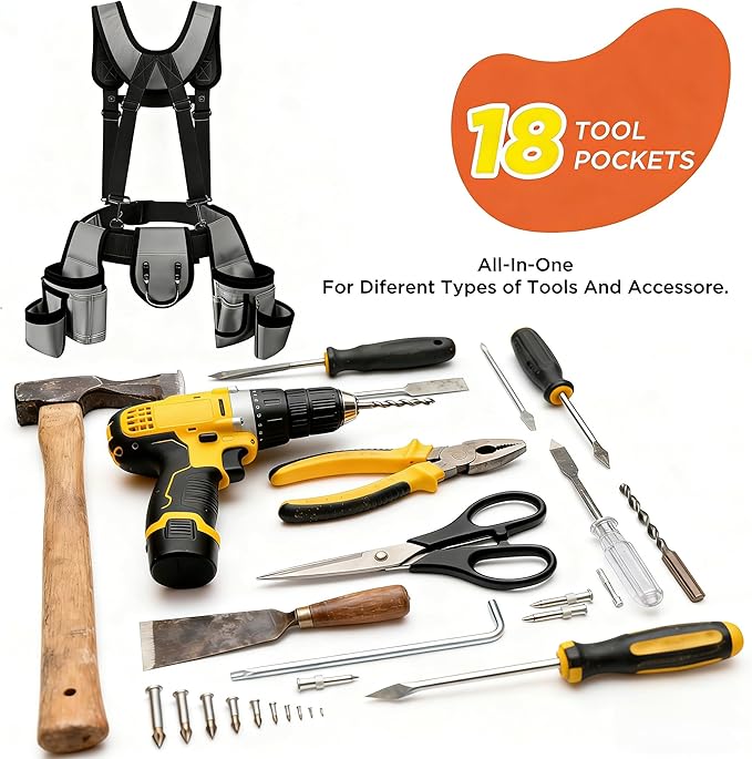 Tool Belt with Suspenders, Tool Belts for Men, Magnetic Wristband & Detachable Pouch – Heavy Duty Adjustable Belt for Electricians, Carpenters, DIY, Construction,Gift (Gray, Universal)