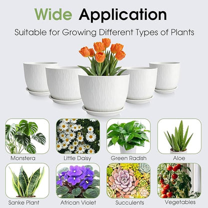 GARDIFE Plant Pots 10/9/8/7.5/7 Inch Plant Pots, Set of 5 Plastic Planters with Drainage Holes and Saucers,Plastic Flower Pots,Nursery Planting Pot for Indoor Out Door Plants (White)