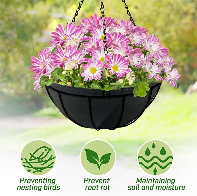 4 Pack 12 Inch Fabric Planter Basket Liner- Felt Flower Pot Liners Replacement Coco Fiber Liner for Hanging Basket Flowers Round Hanging Basket Liners Prevent Birds from Nesting