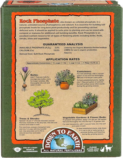 Down To Earth All Natural Fertilizers Organic Rock Phosphate - Calcium Phosphate Plant Food for Flower Beds and Vegetable Gardens 0-3-0, 5 lb