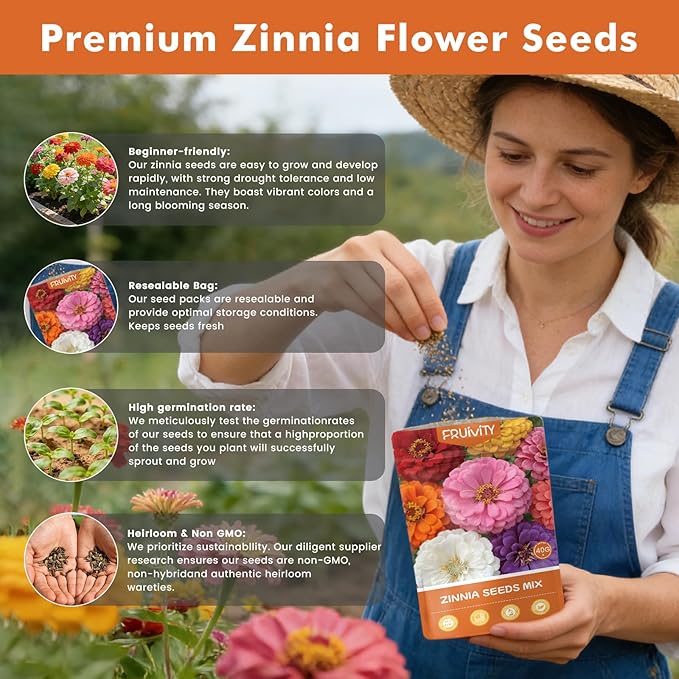 Zinnia Seeds for 2026 Planting, 5000+ Flowers Seeds, 7 Vibrant Colors Mix & Large Bloom, Non-GMO Heirloom Wildflower Seeds for Pollinator Garden Outdoor Borders, Easy to Grow Annual Flowers