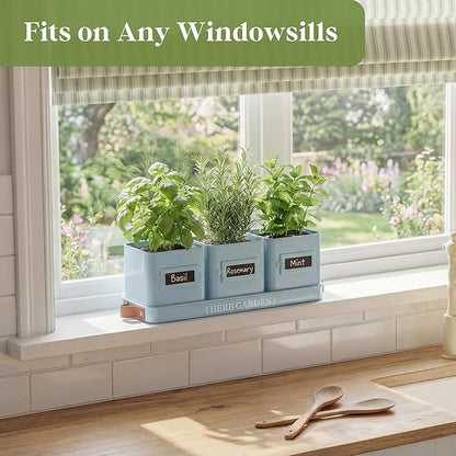 PERFNIQUE Indoor Herb Garden, Herb Garden Planter Set with Tray, Farmhouse Indoor Plant Pots, Windowsill Herb Garden with Drainage(Planter only) for Indoor/Outdoor, Window Pots(Sky Blue)