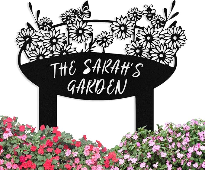 Custom Metal Flower Garden Sign with Stake, Personalized Garden Signs for Outside, Customized Garden Name Signs for Yard Lawn Outdoor Decor Gardening Gifts for Moms Grandmas Gardeners