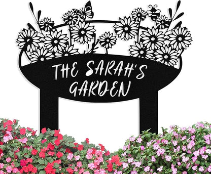 Custom Metal Flower Garden Sign with Stake, Personalized Garden Signs for Outside, Customized Garden Name Signs for Yard Lawn Outdoor Decor Gardening Gifts for Moms Grandmas Gardeners