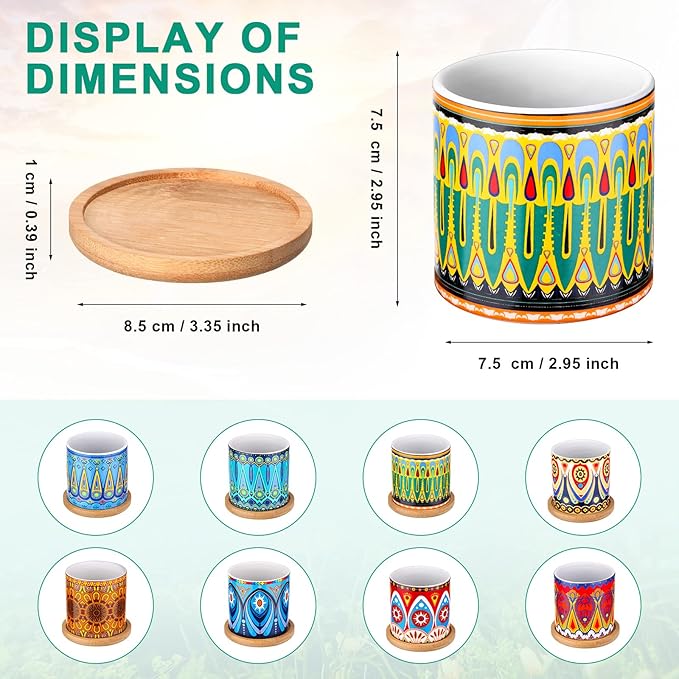 Zopeal 8 Pcs 3 Inch Succulent Planter Pot Ceramic Cactus Pots with Drainage Holes and Bamboo Trays for Indoor Plants Flowers for Home Garden Mexican Party Decor