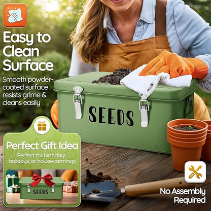 Flexzion Seed Saving Box - Metal Seed Storage Organizer Box with Lid, 4 Spacious Compartments Storage Bin for Garden Tools & More with Safety Locks, Green