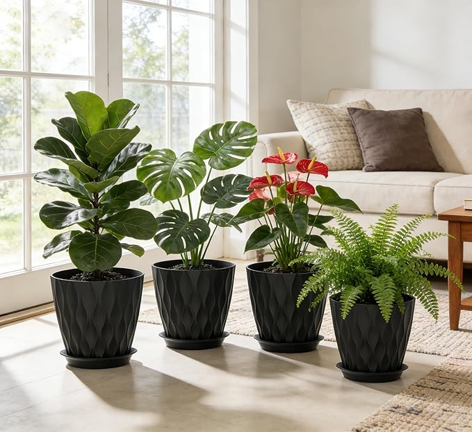 8 Inch Plant Pots, 4 Pack Plastic Planters for Indoor Outdoor with Drainage Holes & Saucers, Waffle Texture Flower Pots for Indoor Plants, Indoor Plant Pots for Monstera, Fiddle Leaf Fig, Black