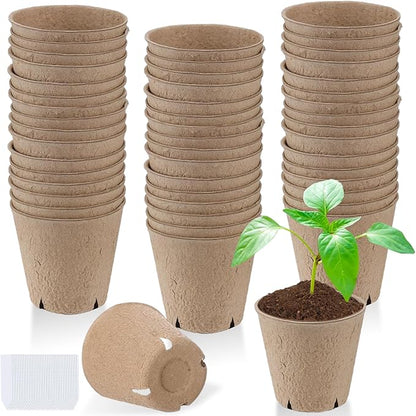 Cosweet 3.2" Biodegradable Peat Pots with Drainage Holes - 50 Pcs Thickened Round Plant Pots, Seedling Starters Kit with 100 Plant Markers for Seed Germination