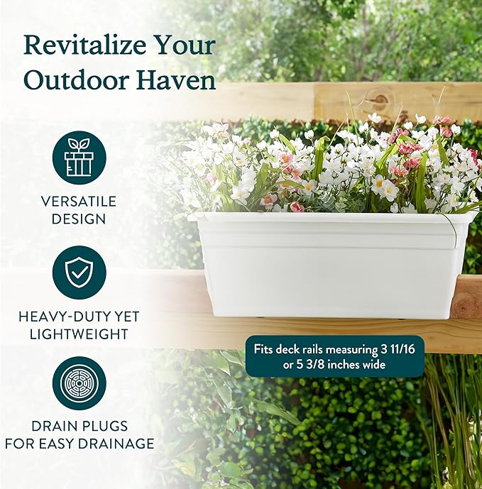 The HC Companies 24 Inch Wide Heavy Duty Plastic Deck Rail Mounted Garden Flower Planter Boxes with Removable Drainage Plugs, White (5 Pack)
