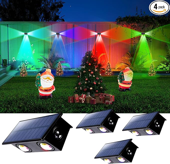 4 Pack Color Changing Solar Powered Fence Lights Outdoor Decorative LED Waterproof Yard Lamps for Outside Wall, Deck, House Patio, Rail, Stair, Yard, Pool, 7 Colorful Modes, Easy 1-Min Installation