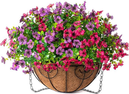HyeFlora Artificial Faux Hanging Plants Flowers Basket for Spring Summer Outdoor Outside Decoration, Fake Silk Colorful Daisy Eucalyptus in Planter UV Resistant Realistic for Porch Patio Balcony Yard