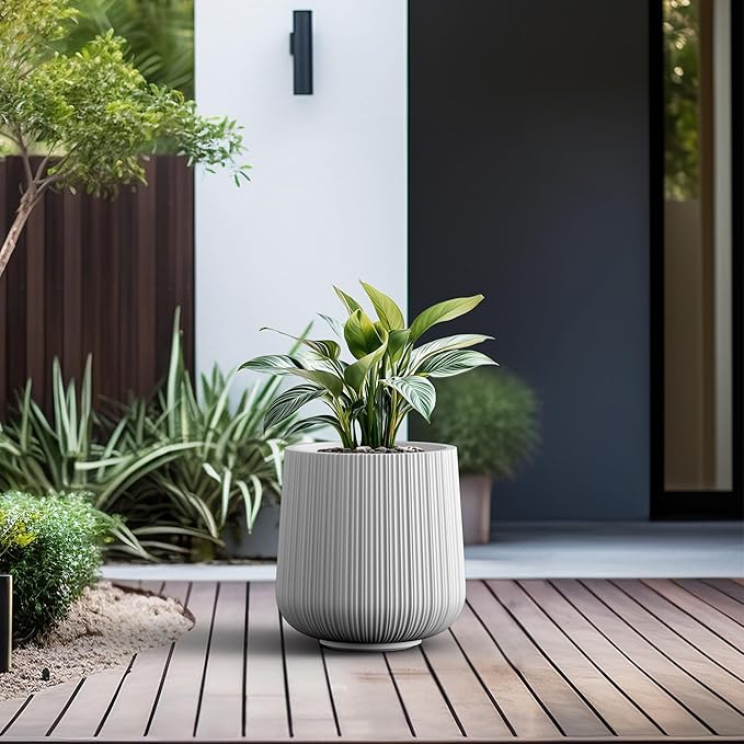 Kante 13.0" Dia Round Fluted Concrete Planter, Large Plant Pot with Drainage, Smooth White Finish with Painted Interior, for Indoor and Outdoor Use