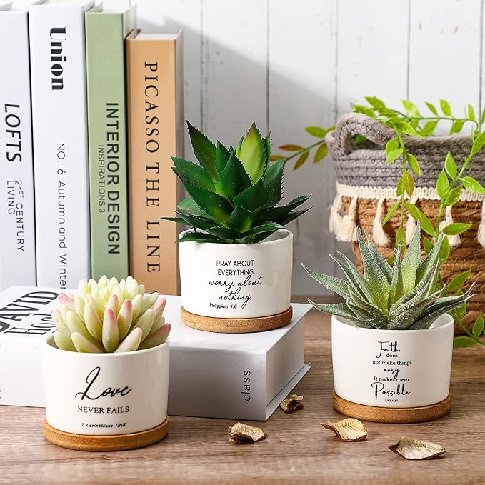 Sieral 6 Pcs Bible Verse Succulent Pots White Ceramic Flower Planter with Bamboo Tray Small Pots Christian Gift Succulent Planters for Patio Garden 3 x 3 x 2 Inch, Plants Not Included(Bible Style)