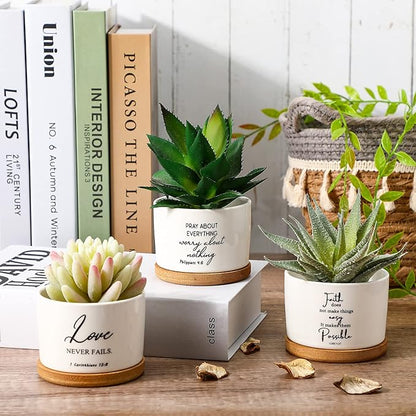 Sieral 6 Pcs Bible Verse Succulent Pots White Ceramic Flower Planter with Bamboo Tray Small Pots Christian Gift Succulent Planters for Patio Garden 3 x 3 x 2 Inch, Plants Not Included(Bible Style)