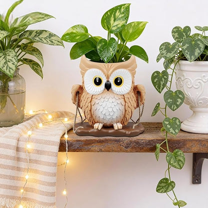 QCQHDU Swing Owl Hanging Pots with Drainage Hole, Small Resin Succulent Plant Planters, Cute Indoor/Outdoor Decor for Balcony Garden Patio, Women Gift Idea, Khaki