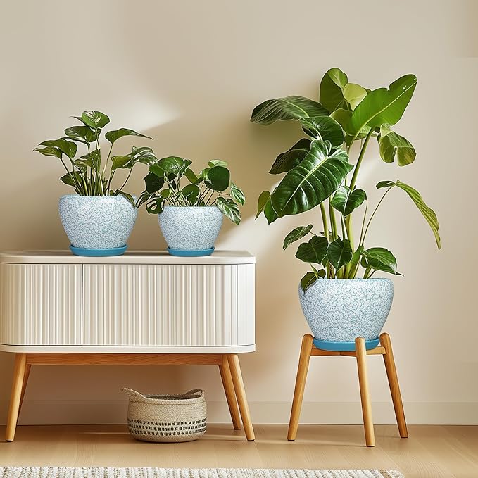 Ceramic Flower Pots - 10 Inch Ceramic Planter with Drainage Hole and Tray, Large Planters for Indoor Outdoor Plants, Decorative Planter, Living Room Decor, Plant Lover Gifts, Crackle Blue