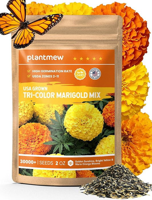 Tri-Color Marigold Seeds Bulk - 60,000+ Heirloom Flower Seeds for Planting Outdoors, Dwarf French Marigolds, Non-GMO Pollinator Magnet with High Germination, Quick Blooming