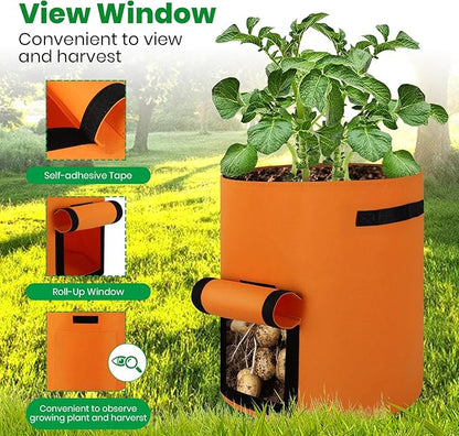 6 Pack Potato Grow Bags, 10 Gallon Planting Bags Large Fabric Pots with Flap Window Vegetable Planter Garden Pot Tall Potato Growing Containers with Handles for Vegetables, Fruits and More, Orange