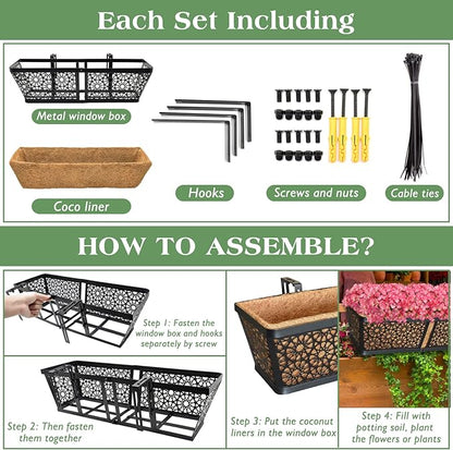 ZeeDix 3 Pack Metal Window Box for Railings, 24 Inch Over Railing Planter Boxes with Coco Liners, Hanging Flower Box Planters for Outdoor Fence Deck Porch Balcony & Patio
