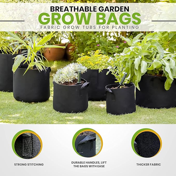Gardenera Premium 5-Pack 3 Gallon Fabric Grow Bags - Thickened Planters with Aeration and Handles, Great for Growing Vegetables, Flowers, and Herbs