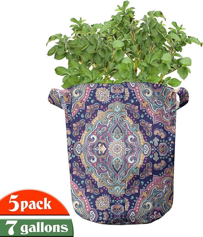Ambesonne Ethnic Grow Bags 5-Pack, Boho Colorful Spring Garden, Heavyduty Fabric Pots with Handles for Plants, Navy Pink
