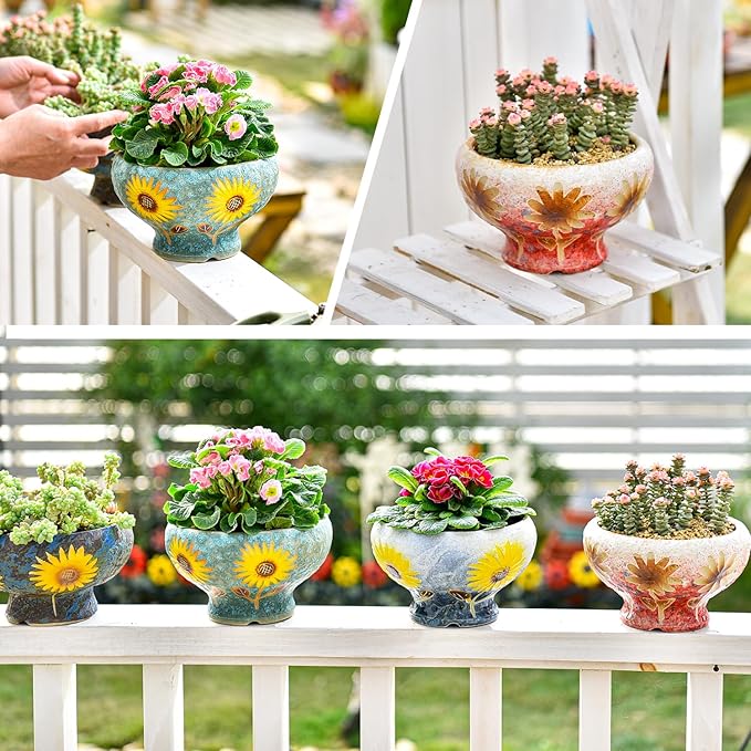 Sungmor Small Succulent Planters Set of 2, Beautiful Hand Crafted Ceramic Plant Pots Cute Cactus Pot, 6.5 Inch Flower Pots for Indoor Plants with Drainage, Desktop Windowsill Home Office Decor Pots