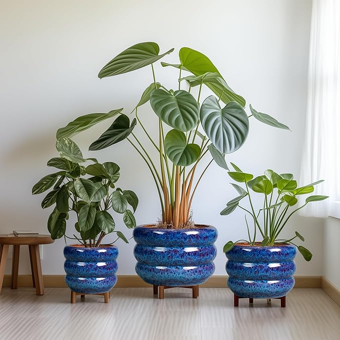 SQOWL Ceramic Planter Pot - 8 Inch Plant Pot Indoor with Drainage Hole Round Outdoor Pot for Plants Decorative Flower Pots Round Planter for Home Room Decor Blue