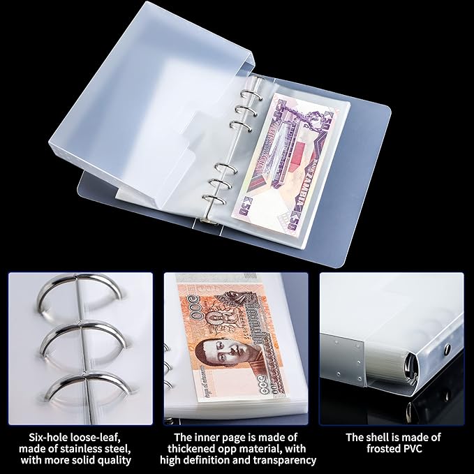 100 Pocket Currency Album - 7 × 4 inch Portable Banknotes Holder Dollar Paper Money Sleeves Storage Book for Bills Documents Tickets Trading Cards Stamps Collection Supplies AN0501BK