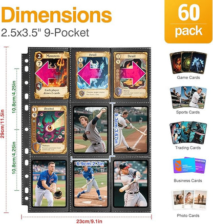 60 Pack 1080 Pockets Black Trading Card Sleeves Binder Sheets, Double Sided Thicken Game Card Sleeves for 3 Ring Binder, 9 Pocket Side Loading Page Protector for MTG, Yugioh, Game, Baseball Cards