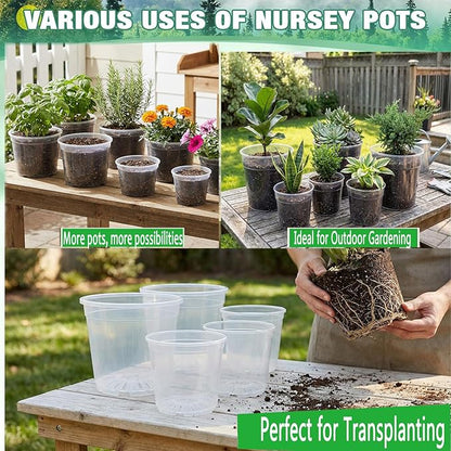6/7.5/8/10 Inch Large Clear Nursery Pots with Drainage, 12 Pack Thick Reusable Multi-Size Plastic Planters, Deep Nursery Pots for Healthy Roots, Ideal Containers for Indoor Outdoor Plants