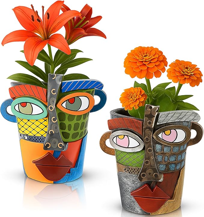 LemonRoad 2 Pcs Abstract Picasso Face Pots Head, Unique Decorative Head Planter with Drainage Modern Mexican Pots for Indoor Outdoor, Funky Gift