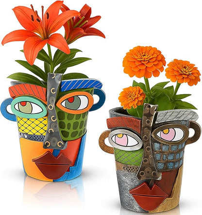 LemonRoad 2 Pcs Abstract Picasso Face Pots Head, Unique Decorative Head Planter with Drainage Modern Mexican Pots for Indoor Outdoor, Funky Gift