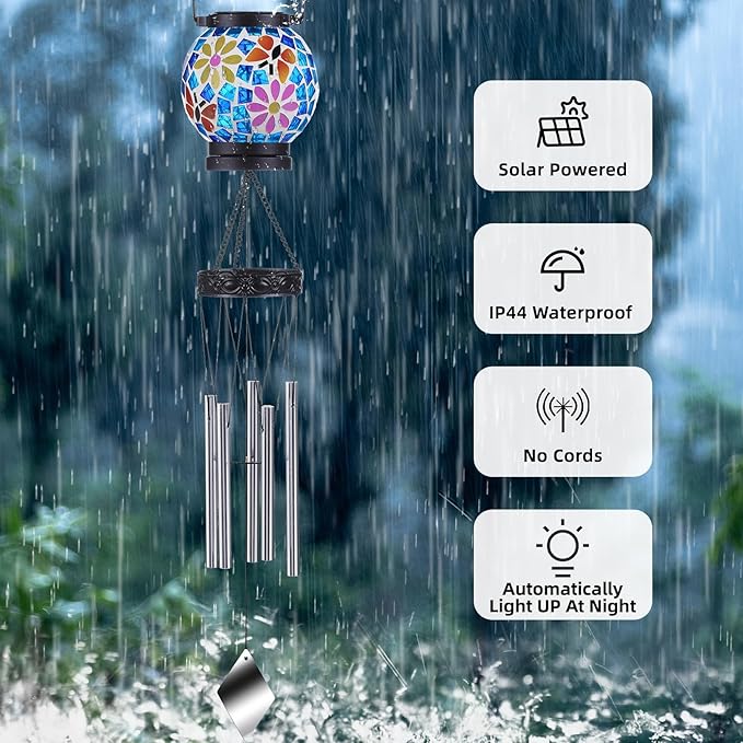 VOREEN Solar Wind Chimes with Gentle Chime Sound, Blue Mosaic Glass Lantern for Outdoor, Calming Night Glow & Relaxing Breeze Melody, Waterproof Porch Yard Garden Decor, Memorial & Sympathy Gift
