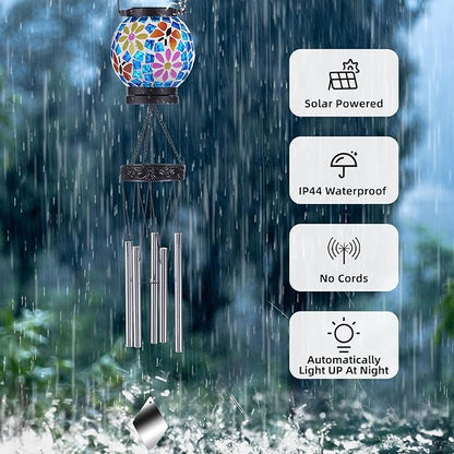 VOREEN Solar Wind Chimes with Gentle Chime Sound, Blue Mosaic Glass Lantern for Outdoor, Calming Night Glow & Relaxing Breeze Melody, Waterproof Porch Yard Garden Decor, Memorial & Sympathy Gift