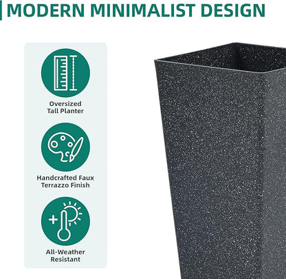 28" Tall Planters Set of 2, Oversized Terrazzo-Look PP Outdoor Pots for Plants, Versatile Indoor/Outdoor Flower Pots w/Drainage Hole for Patio, Garden, Porch & Living Room Decor, Ideal Gift