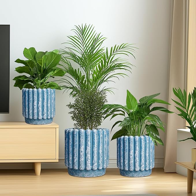 Ceramic Pots for Plants - 12 Inch Planter with Drainage Hole, Round Large Flower Pots for Indoor Plants Outdoor, Fluted Decorative Ceramic Planter, Home Office Decor, Garden Gifts, Blue