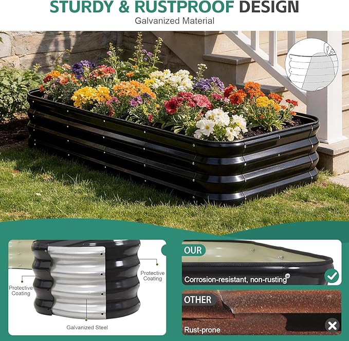 4 in 1Galvanized Raised Garden Bed - 5x3x1ft Modular Garden Planter Bed Outdoor | Steel Raised Bed Kit with Bracing Rods, Gloves for Gardening Vegetables Fruits and Flowers - Gray