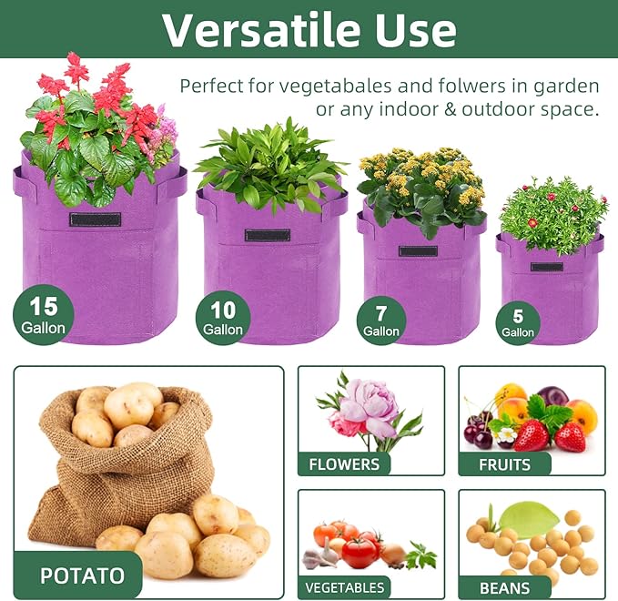 6 Pack 7 Gallon Potato Grow Bags With Flap and Handle, Garden Planting Bag, Nonwoven Fabric Vegetables Growing Bags for Tomato Carrot Onion