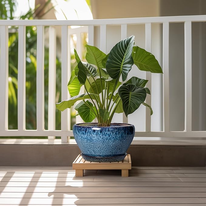 Ceramic Planter 11 Inch - Ceramic Pots for Plants Indoor Outdoor, Large Plant Pot with Drainage Hole and Saucer, Decorative Round Planter, Plant Lover Gifts, Garden Decor, Blue